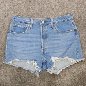 Levi's 501 Shorts Womens 32 Blue High Rise Cutoff Button Fly Distressed Raw Hem